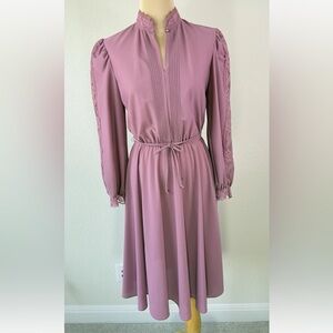 Vintage Victorian Romantic Jane Baar Dusty Rose Lace Trim Sleeve Midi Dress S